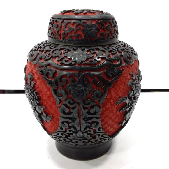 SALE* Mid Century Chinese Carved Resin Red Cobalt Enamel Brass Lidded Ginger Jar